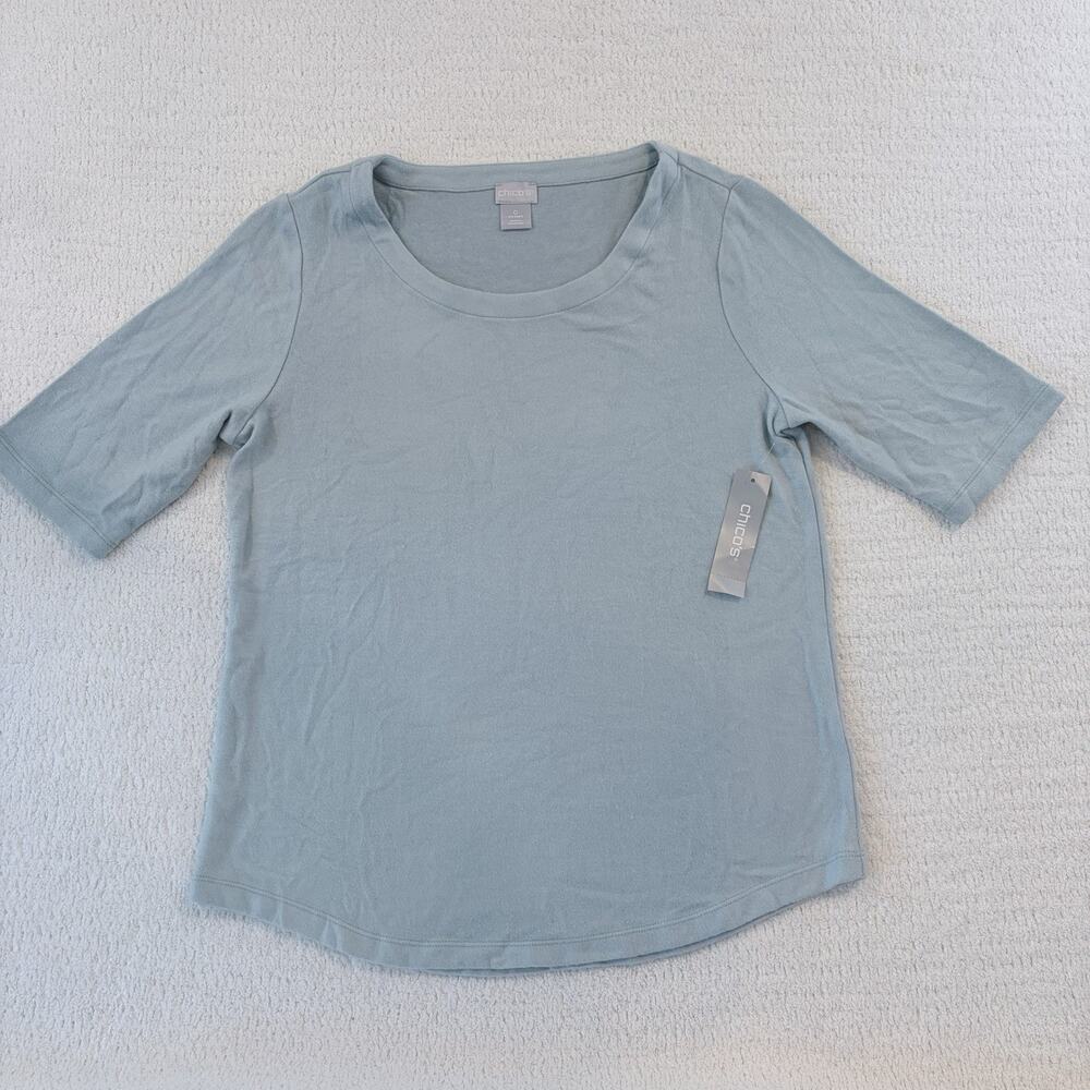 Chico's Blue Knit Top 0 3/4 Sleeve Scoop Neck Solid Stretch Pullover